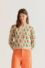 Orange Tulip Print Knit Cardigan