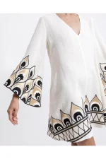 Peacock Embroidered Linen Mini Dress - Image 2
