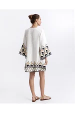 Peacock Embroidered Linen Mini Dress - Image 3
