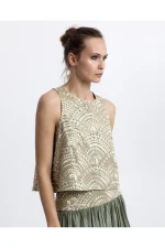 Arc Jacquard Crop Top - Sage/Gold