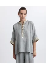 Sage Linen Top - Stone/Gold Champagne - Image 2