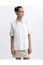 Linen Gold Trim Shirt - White/Gold Champagne - Image 2