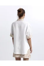 Linen Gold Trim Shirt - White/Gold Champagne - Image 4