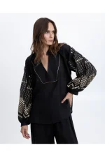 Lantern Sleeve Top - Black/Gold - Image 2