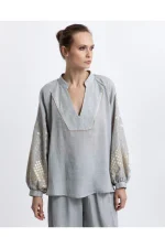Lantern Sleeve Top - Stone/Gold